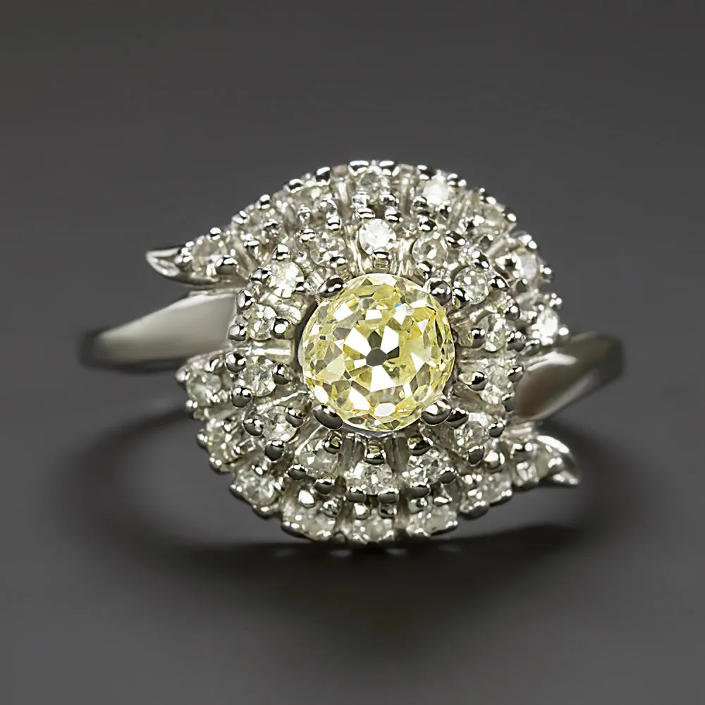 1.24ct OLD MINE CUT DIAMOND COCKTAIL RING FANCY LIGHT YELLOW VINTAGE STATEMENT