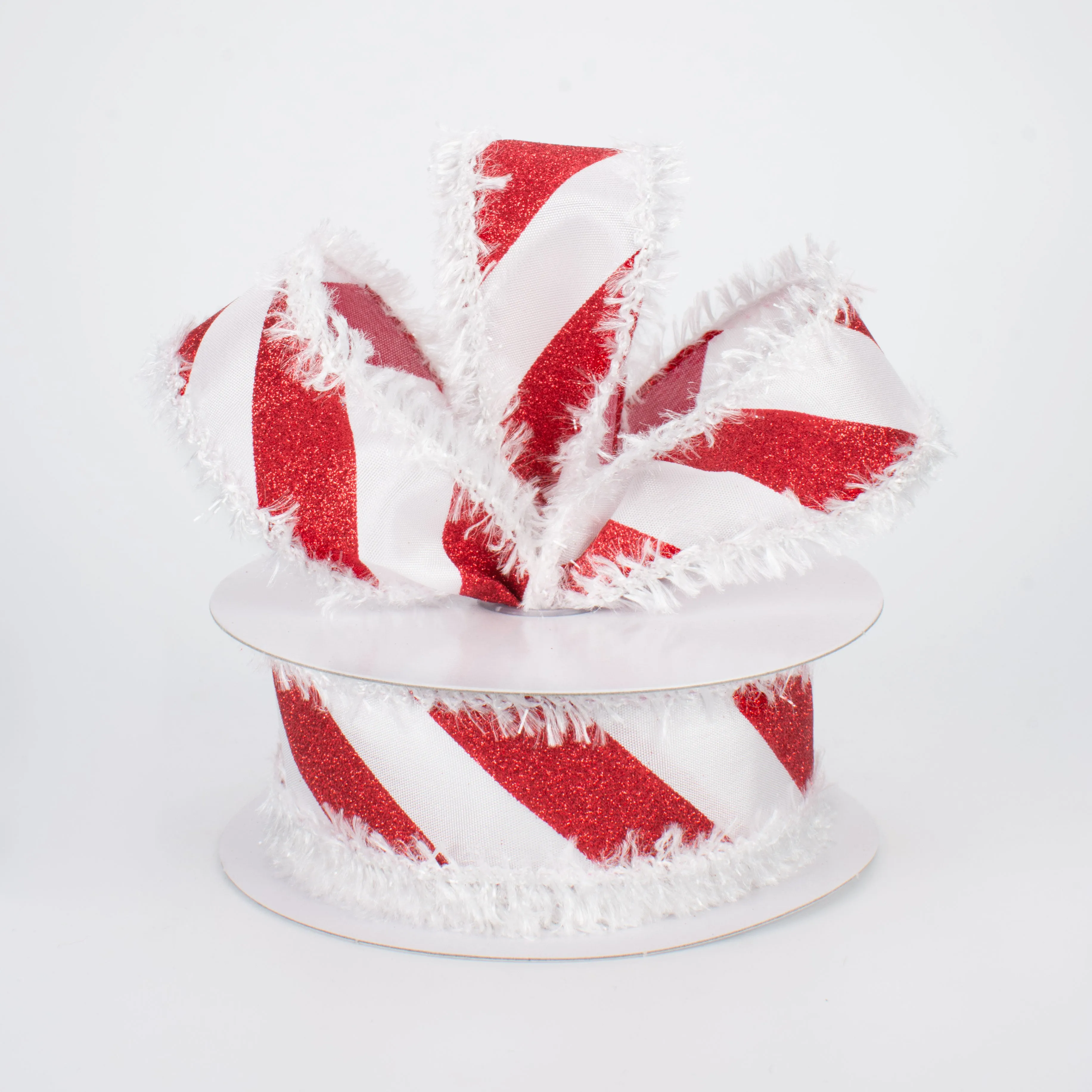 1.5" Fuzzy Edge Glittered Candy Cane Ribbon (10 Yards)
