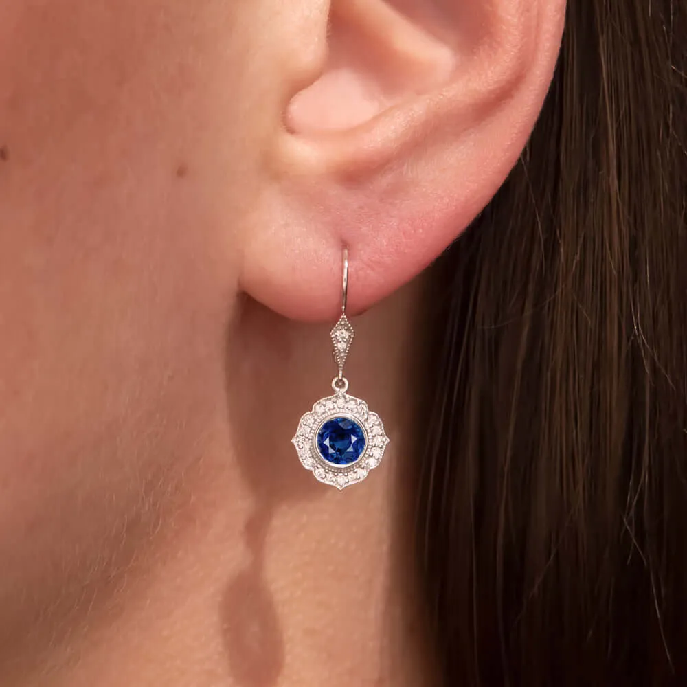 1.64ctw SAPPHIRE DIAMOND DANGLE EARRINGS VINTAGE STYLE HALO DROP SCALLOPED BLUE