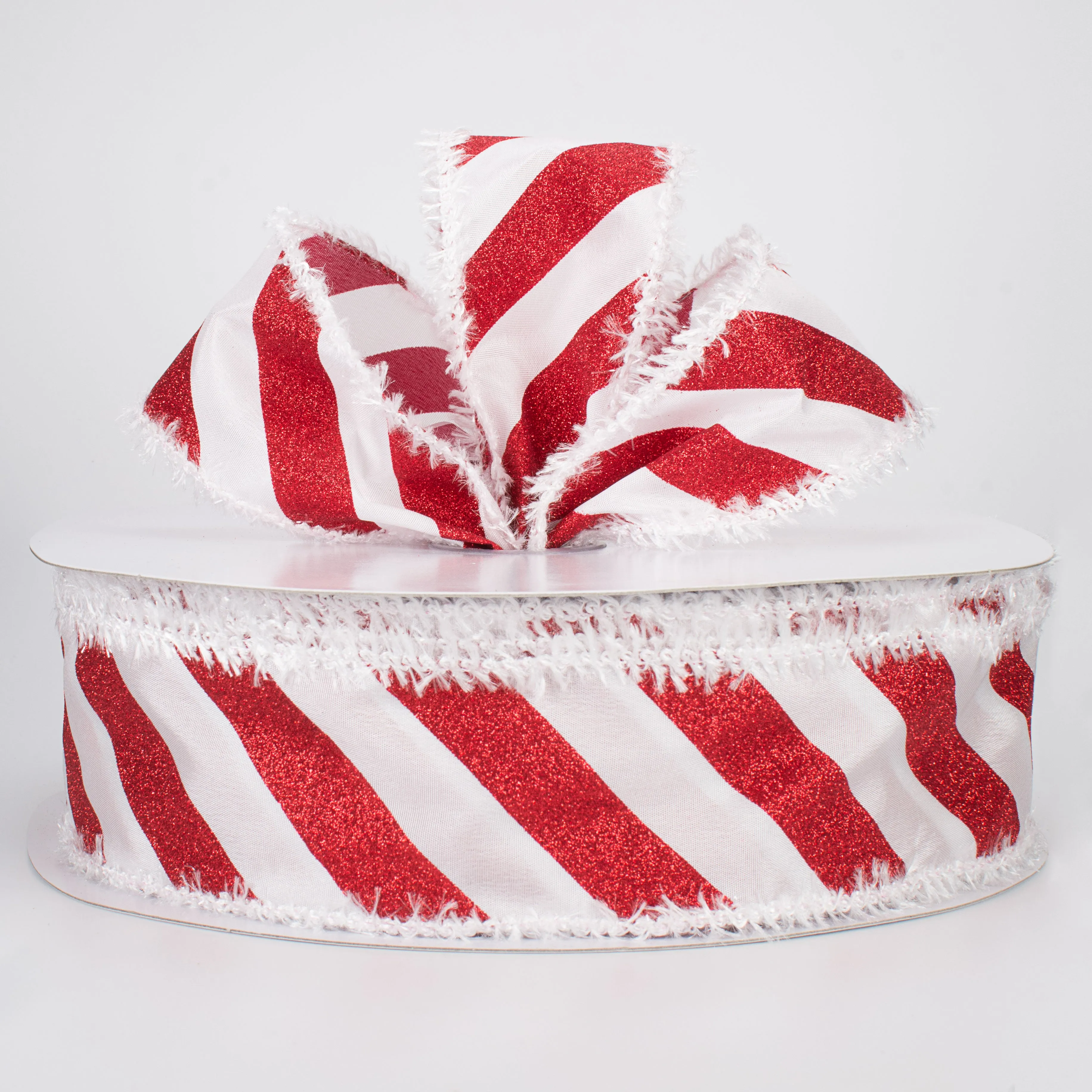 2.5" Fuzzy Edge Glittered Candy Cane Ribbon (50 Yards)