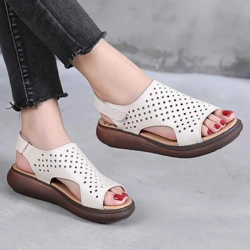 5183 - Women's Leather Low Heel Casual Shoes Sandals