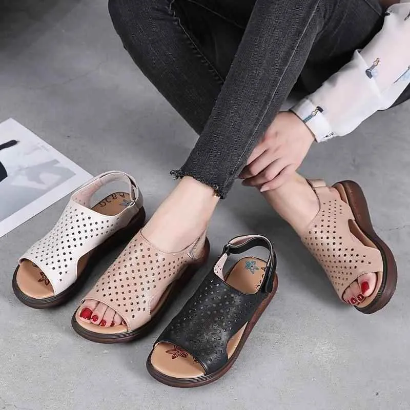 5183 - Women's Leather Low Heel Casual Shoes Sandals