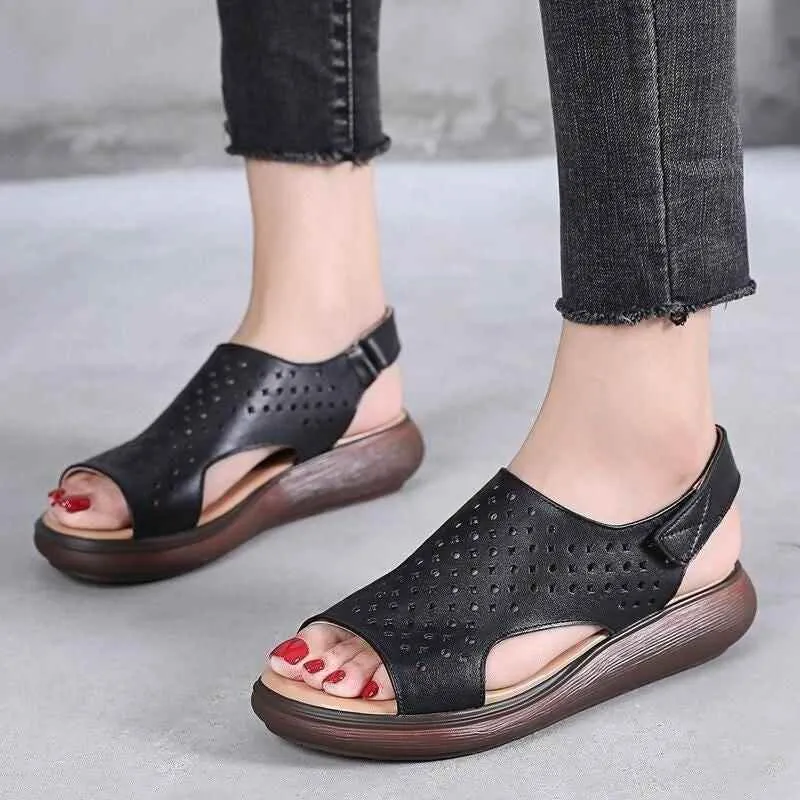 5183 - Women's Leather Low Heel Casual Shoes Sandals