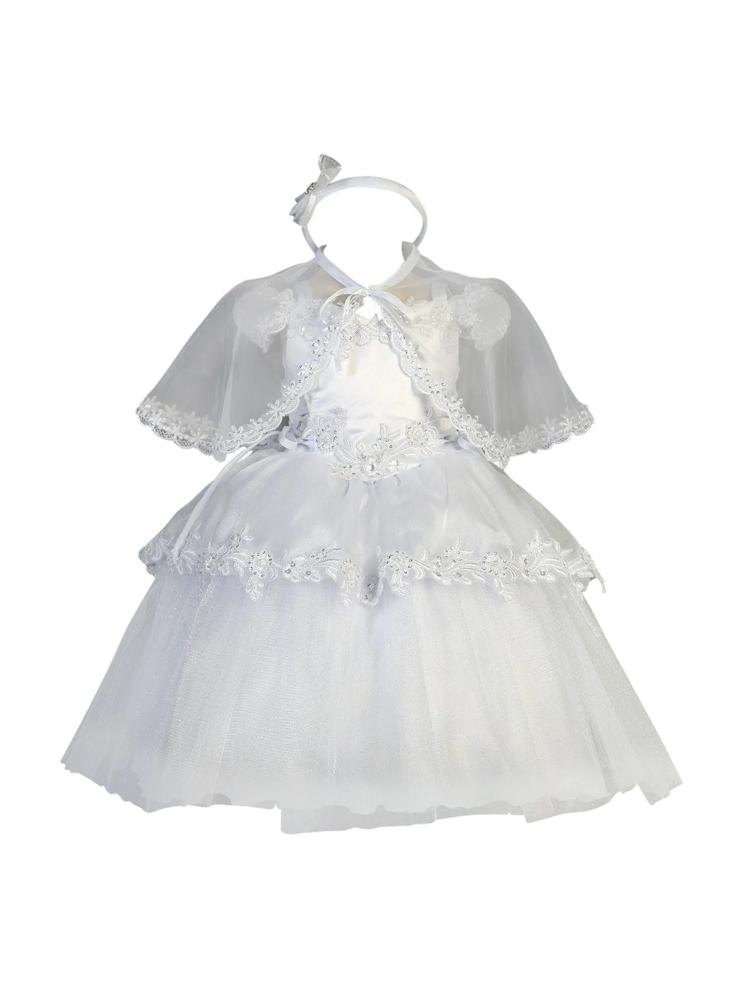 Baby Girls White Off-Shoulder Organza Overlay Glitter Tulle Baptism Dress 9M