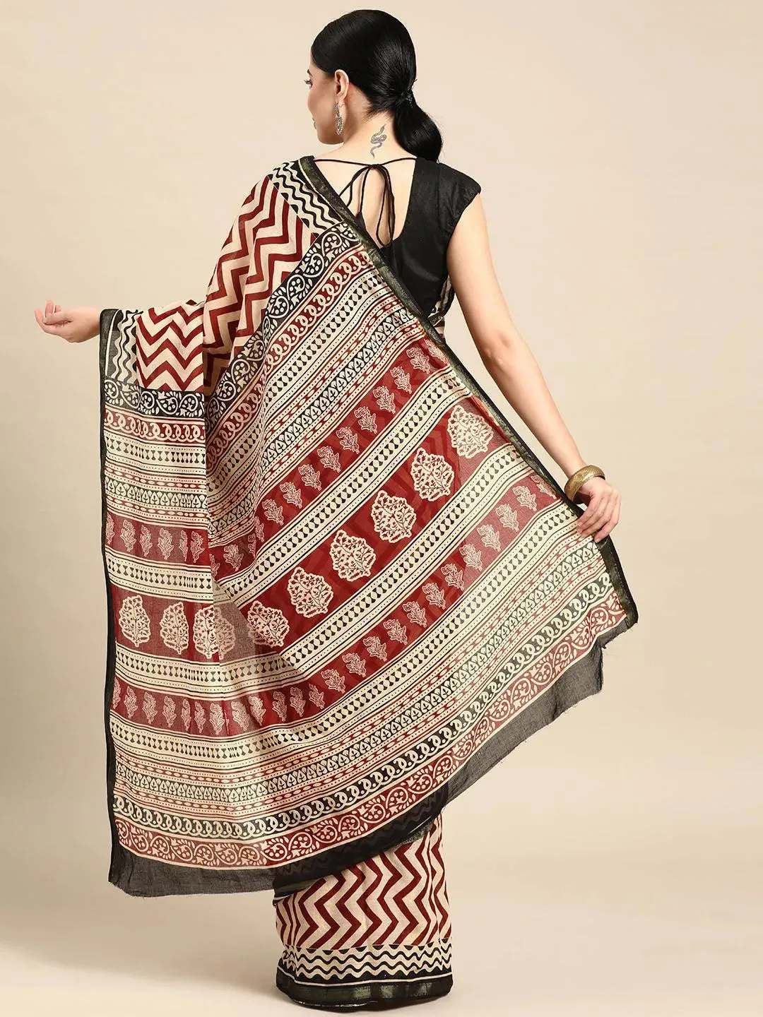 Beige Printed Cotton Saree