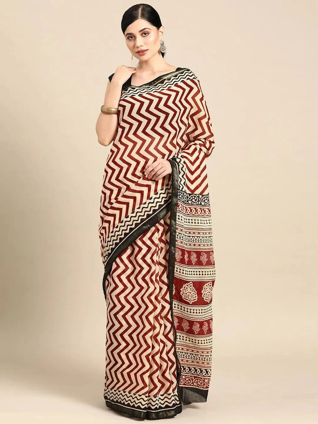 Beige Printed Cotton Saree