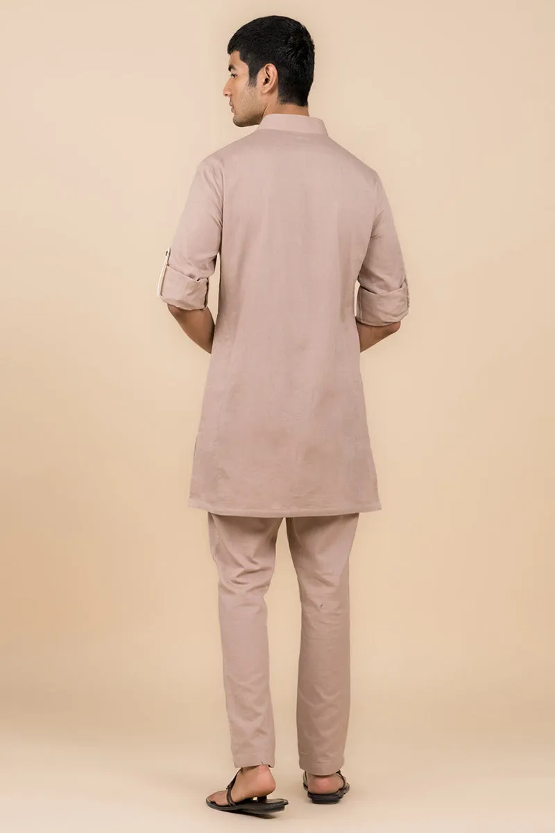 Beige Shirt Style Kurta Set With Pocket Detailing