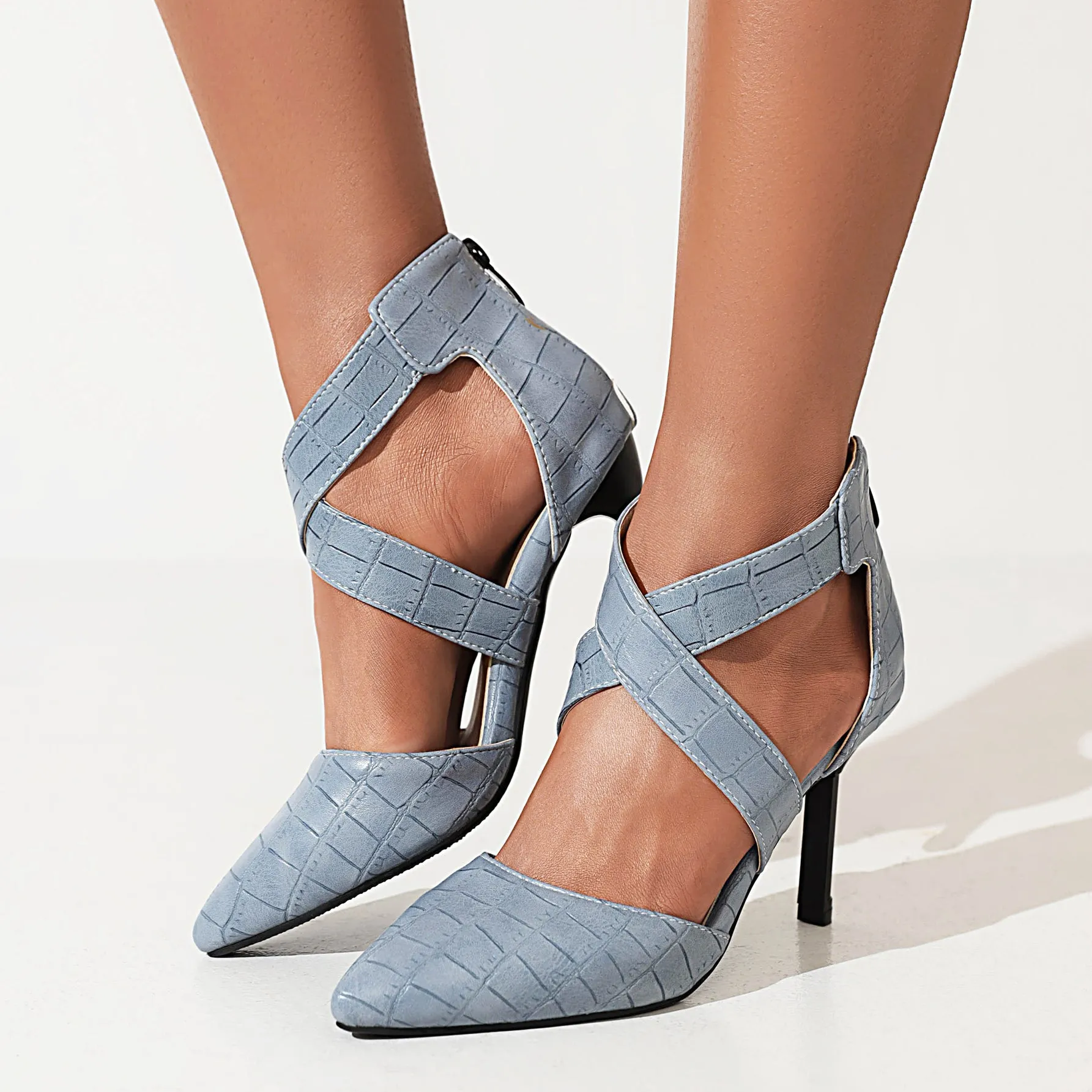 Bigsizeheels Cross Strap Pointed Toe Stiletto Sandals - Blue