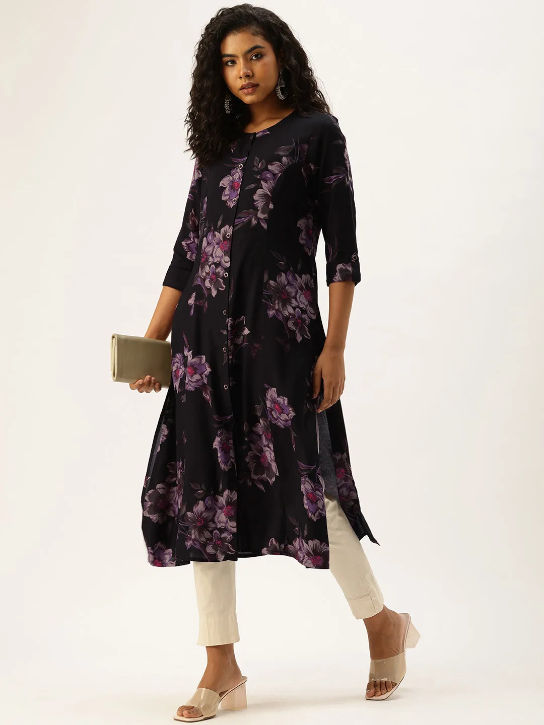 Black Floral Printed Kurta