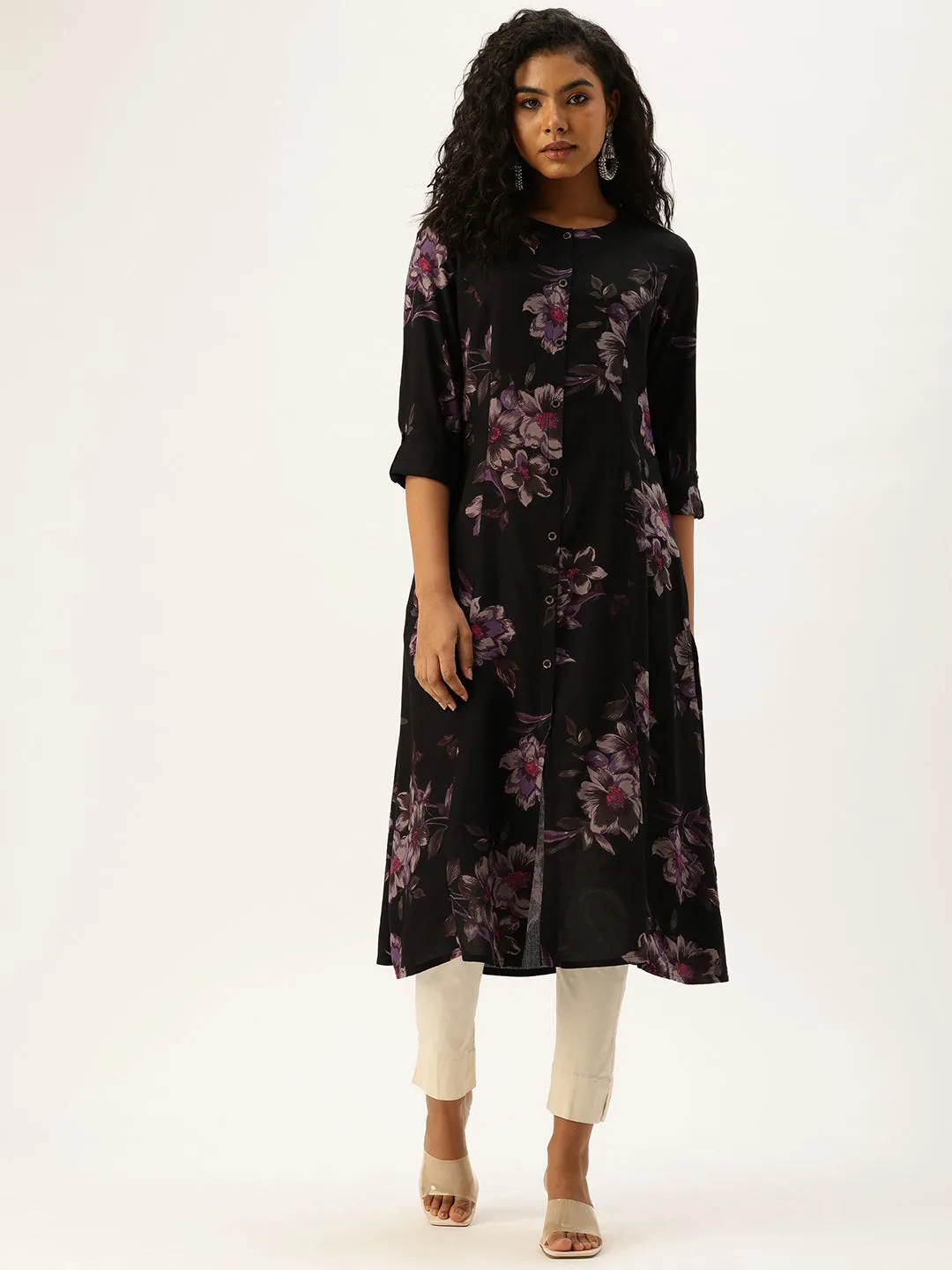 Black Floral Printed Kurta