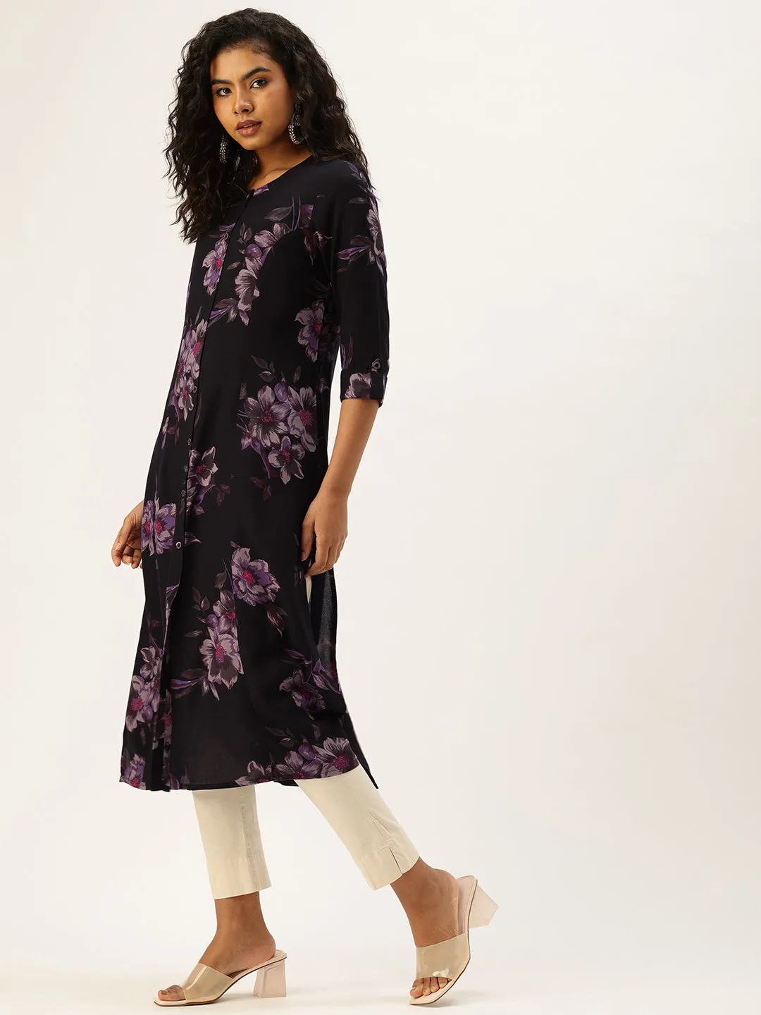 Black Floral Printed Kurta