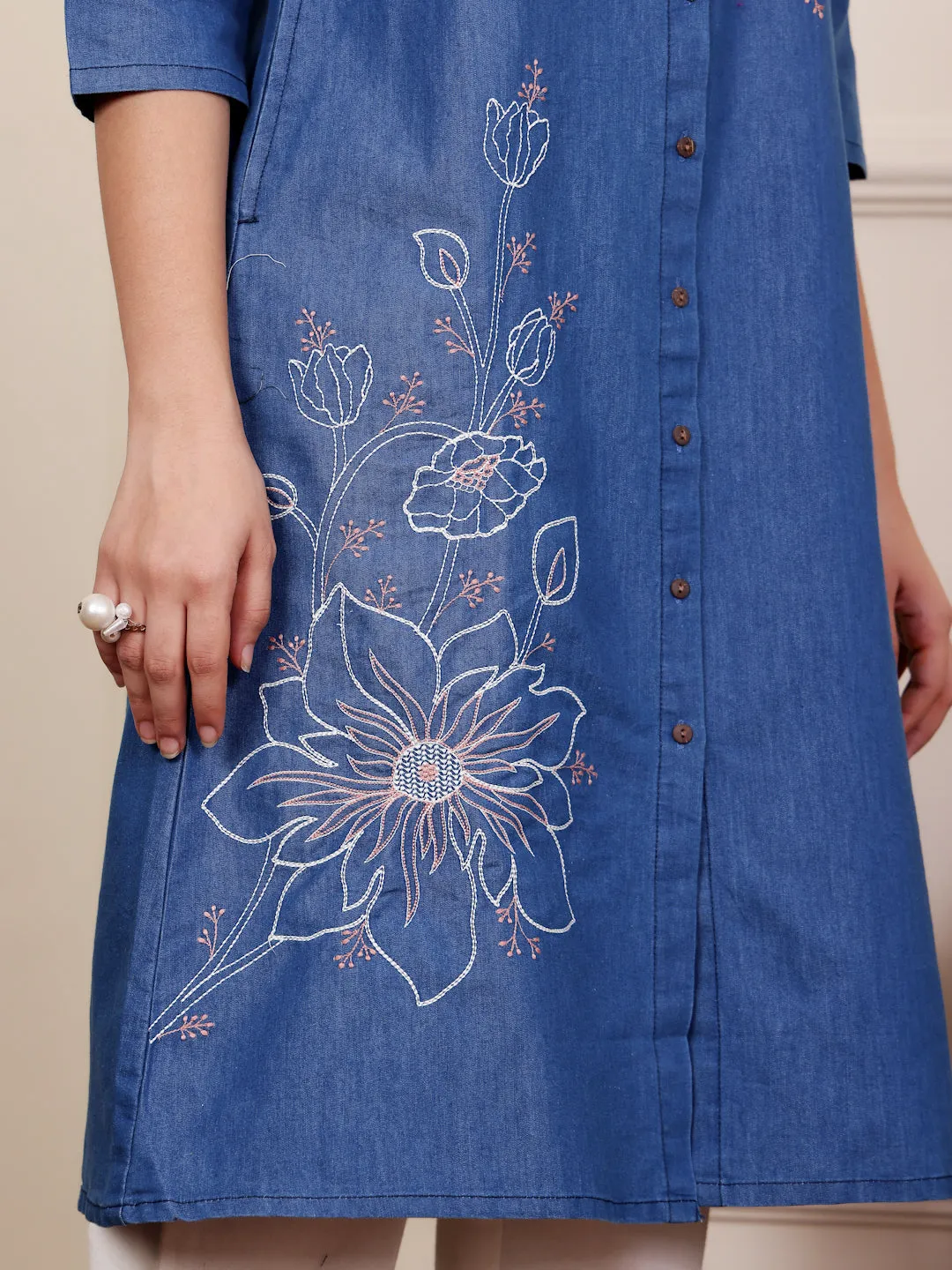 Blue Denim Embroidered Trendy Kurta