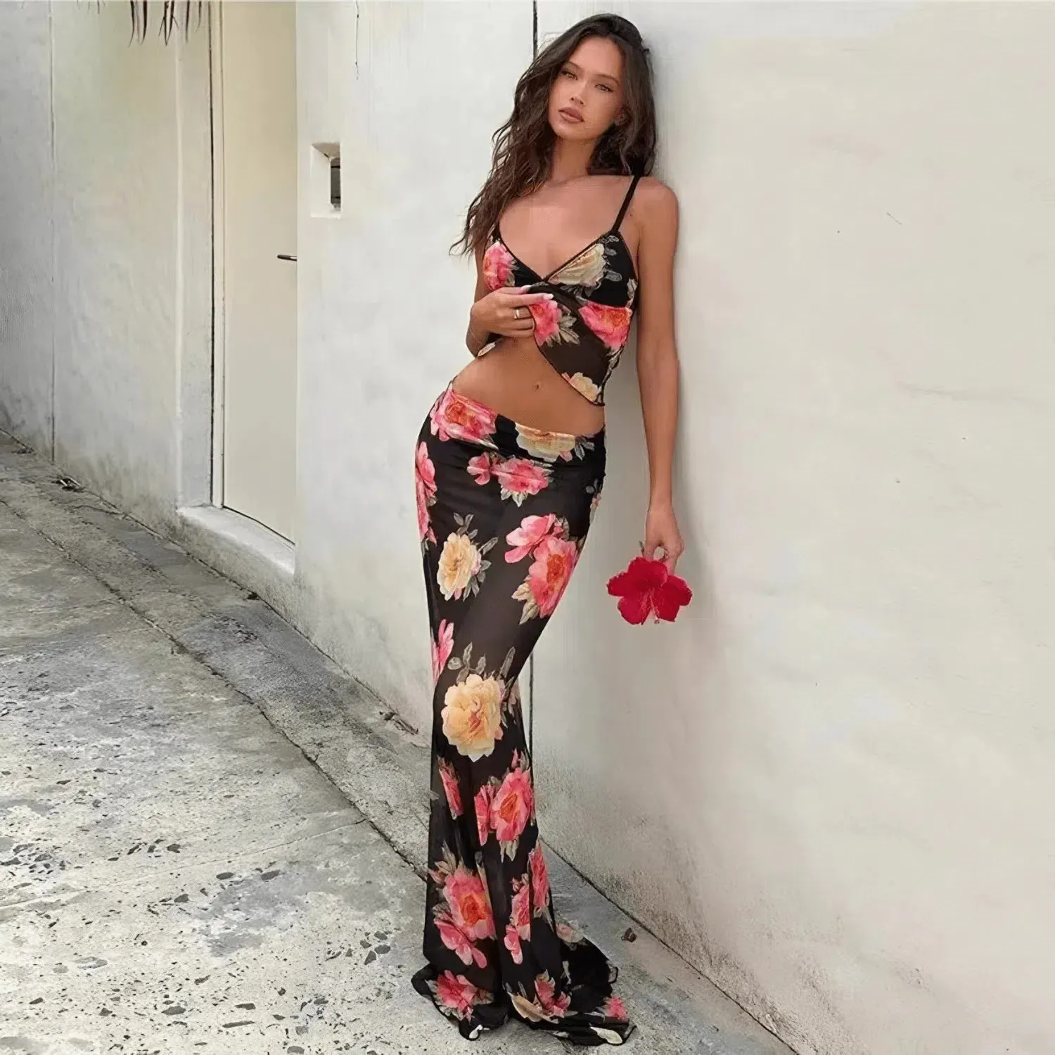 Ébène Élancée Set – Floral print – Flowing maxi skirt
