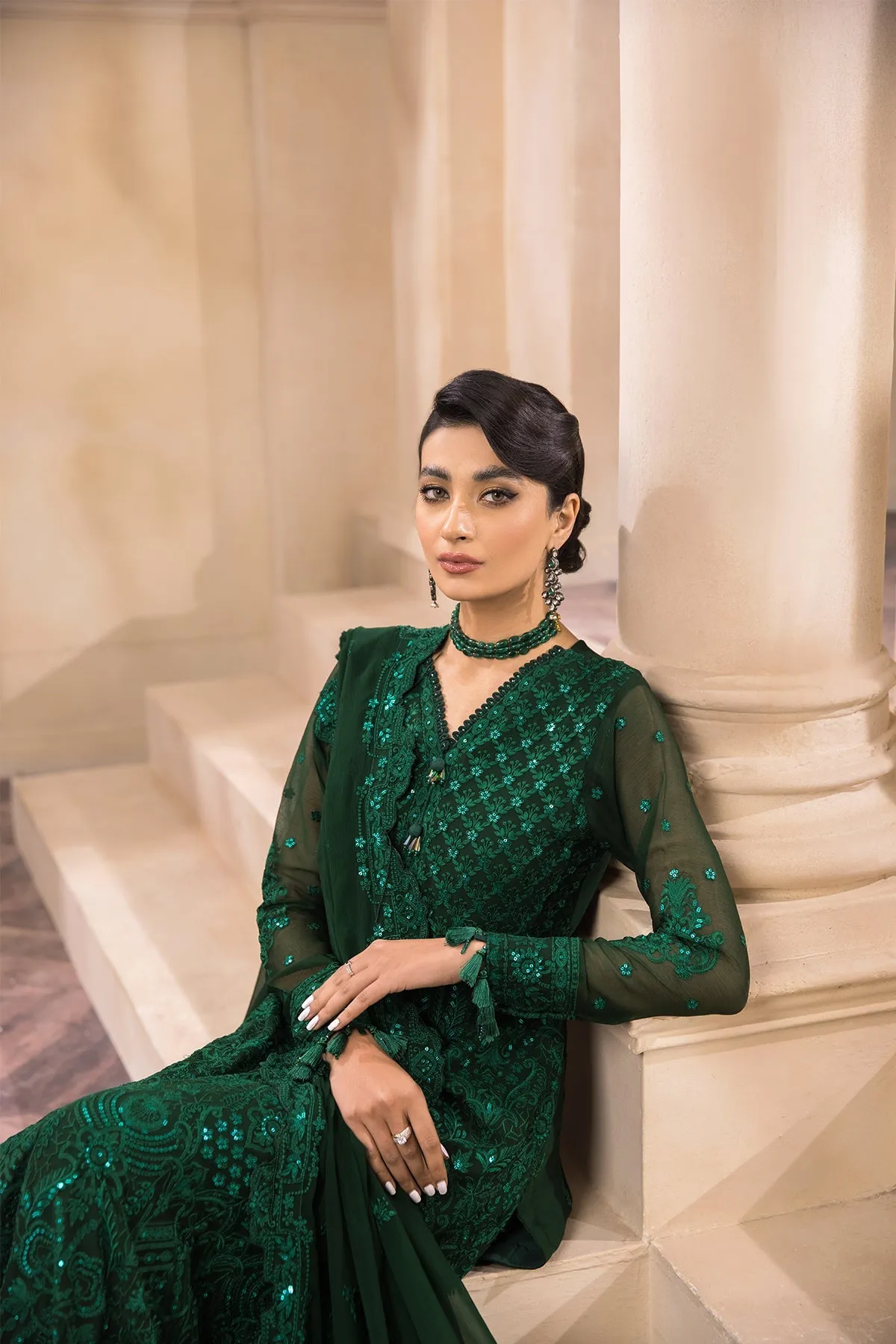 Bottle Green Pakistani Dress with Embroidery #PF442