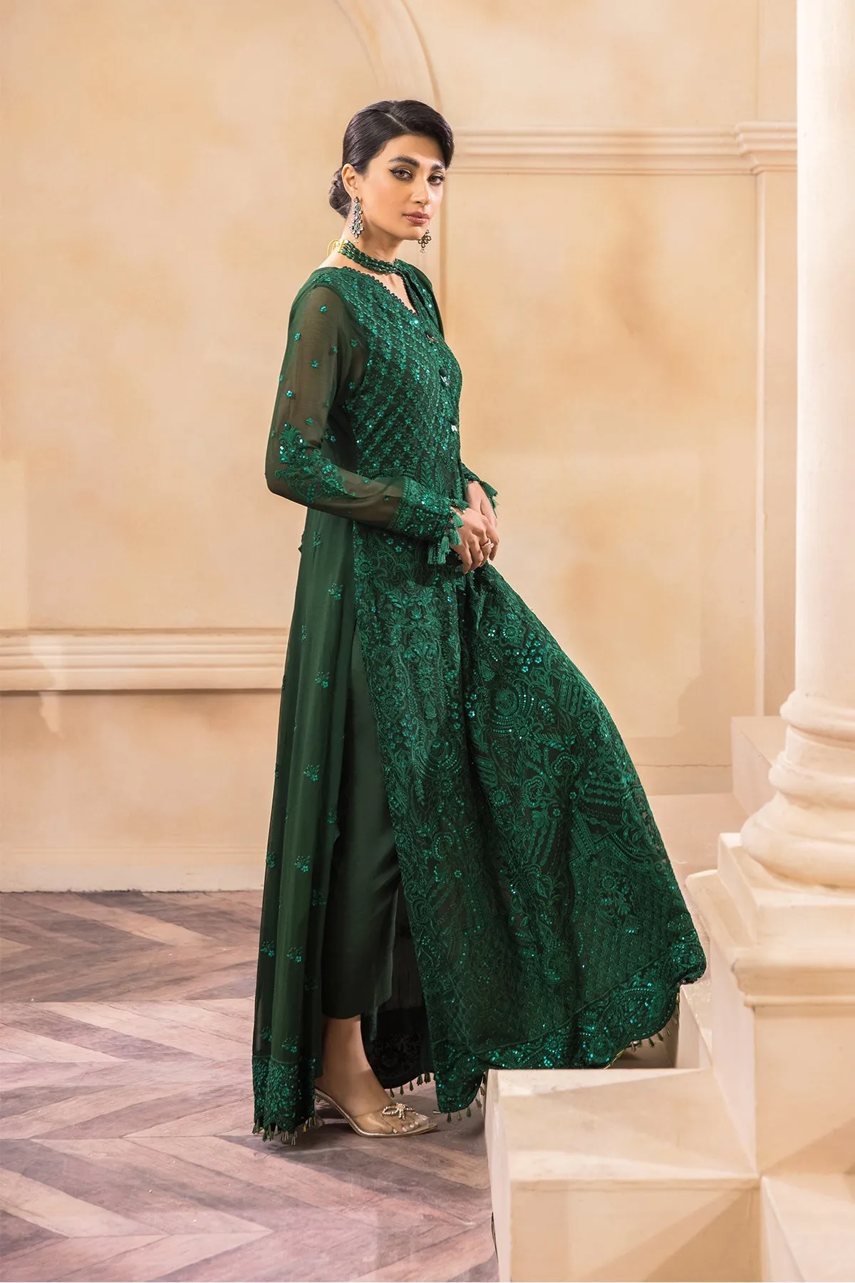 Bottle Green Pakistani Dress with Embroidery #PF442
