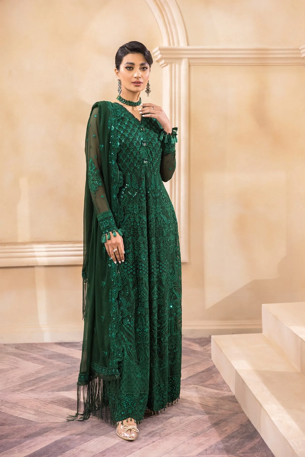 Bottle Green Pakistani Dress with Embroidery #PF442