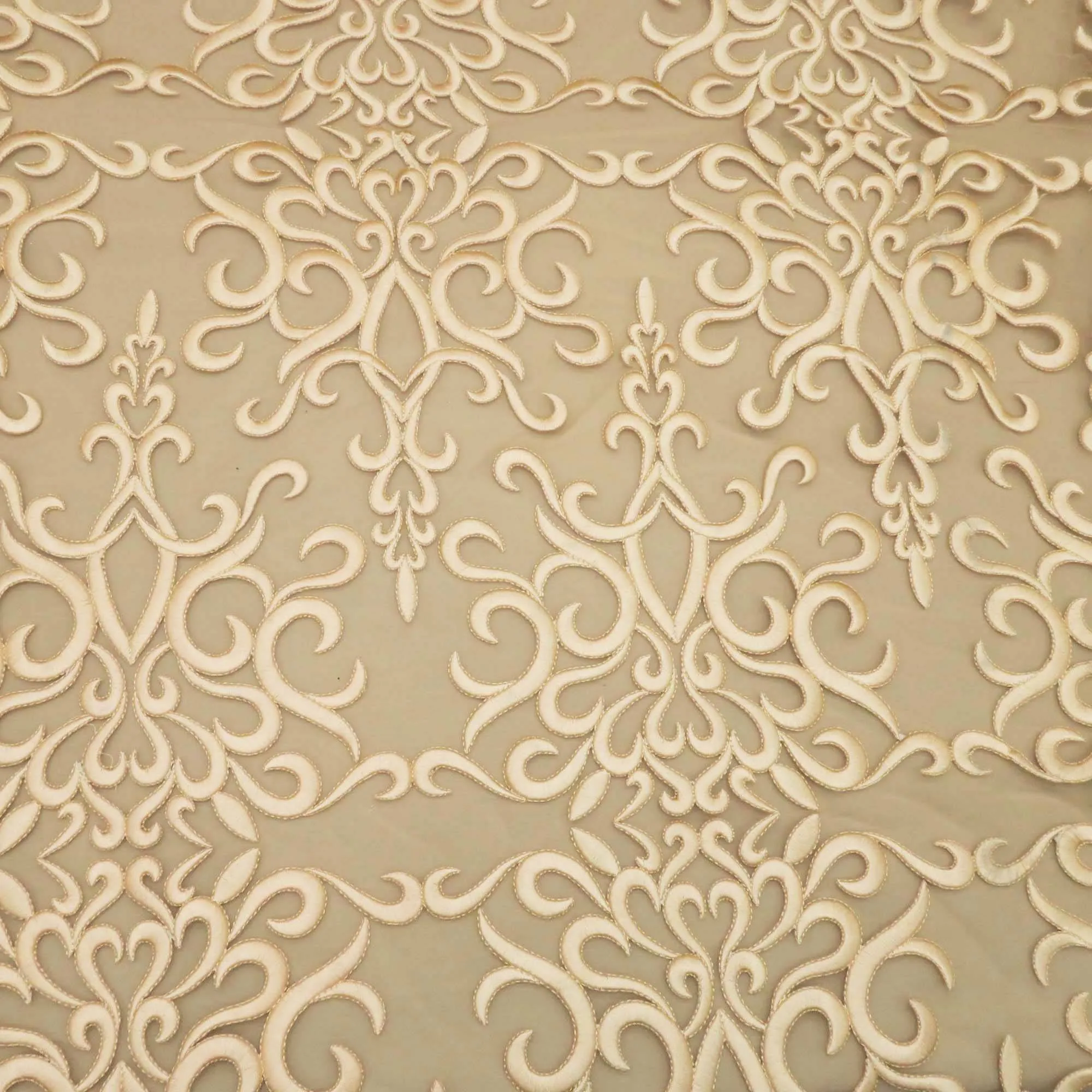 Brown Abstract Embroidered Tulle Fabric