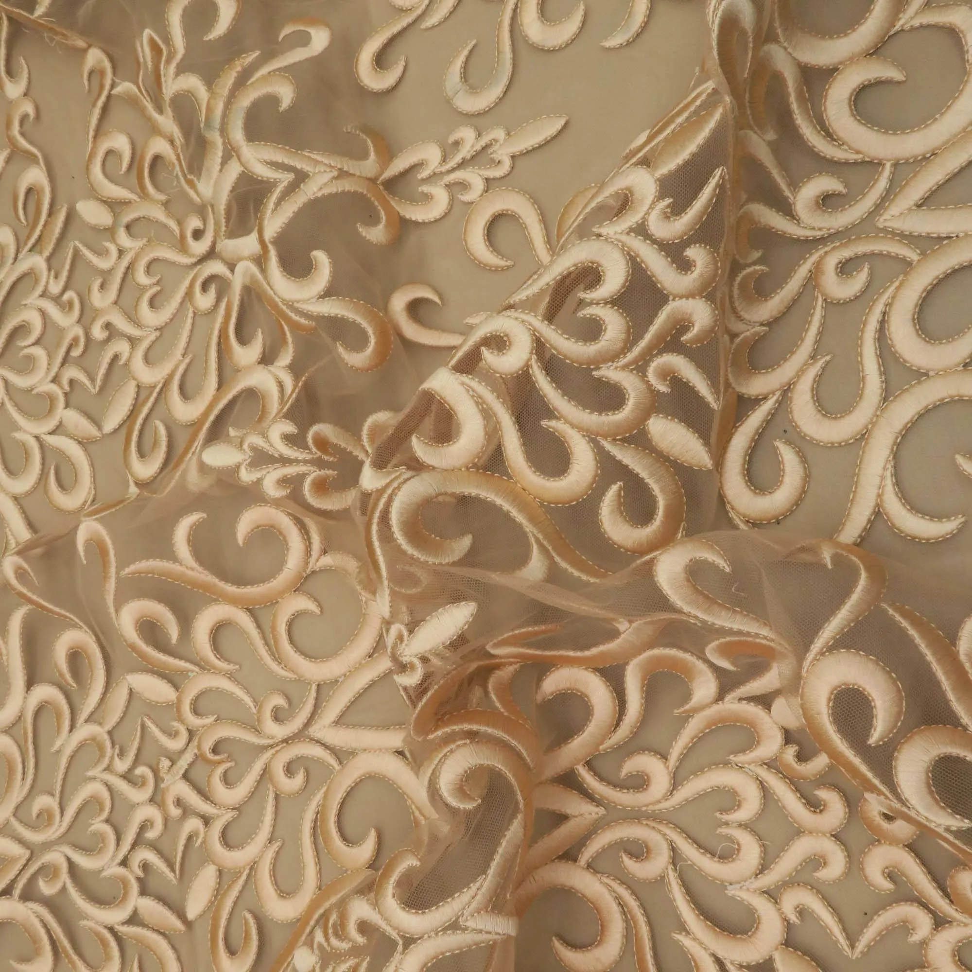 Brown Abstract Embroidered Tulle Fabric