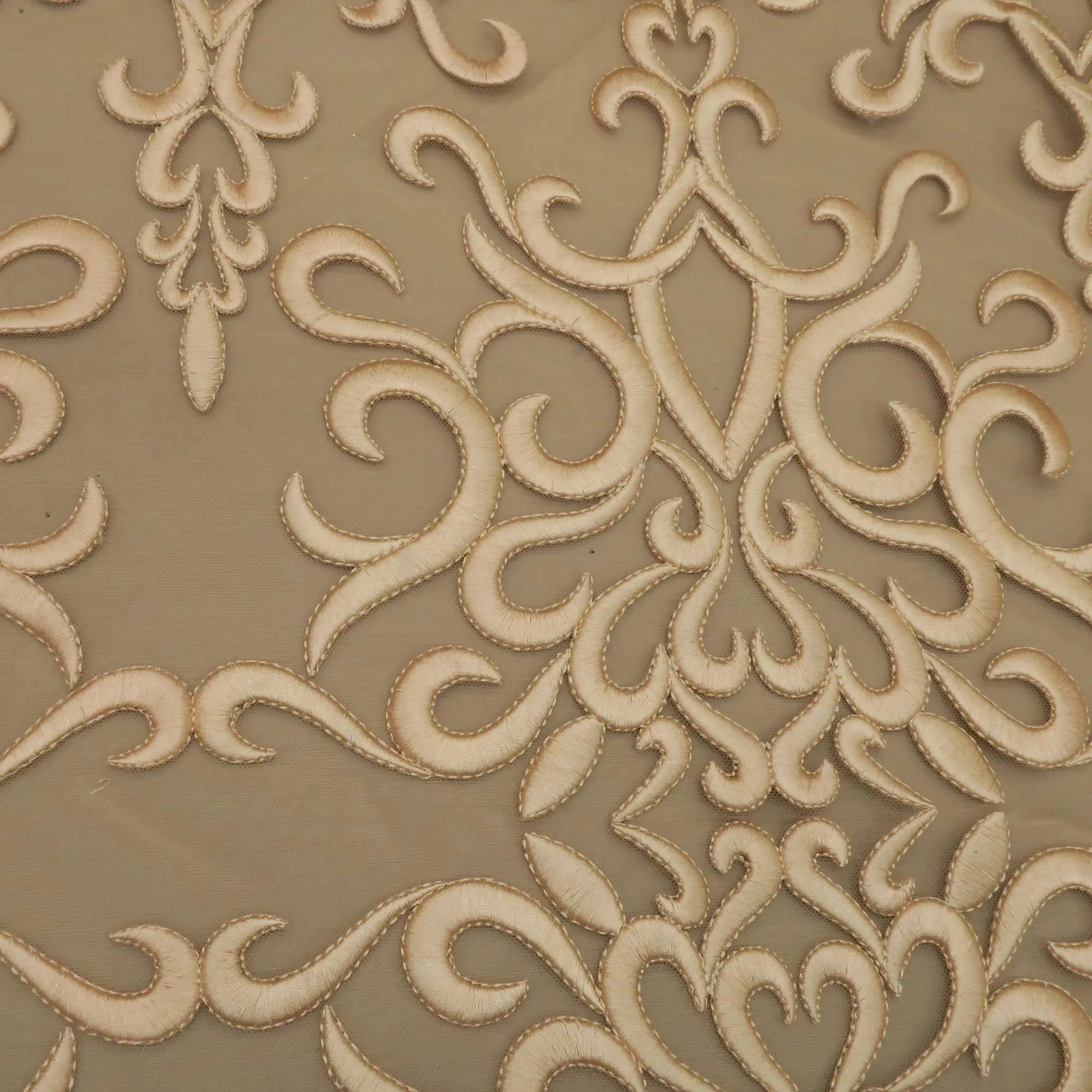 Brown Abstract Embroidered Tulle Fabric