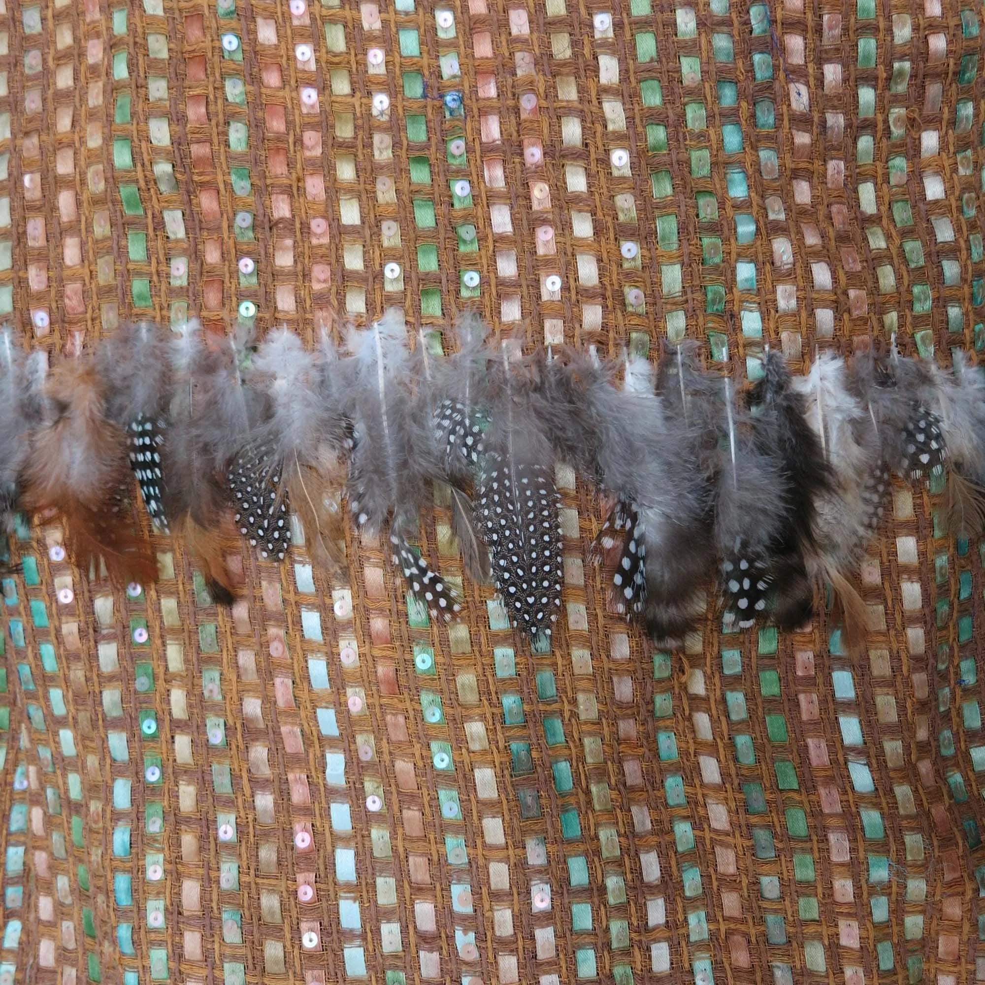 Camel Woven with Feathers and Sequin Embroidered Fabric