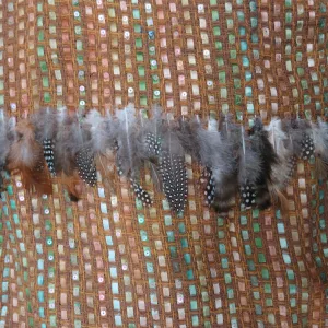 Camel Woven with Feathers and Sequin Embroidered Fabric