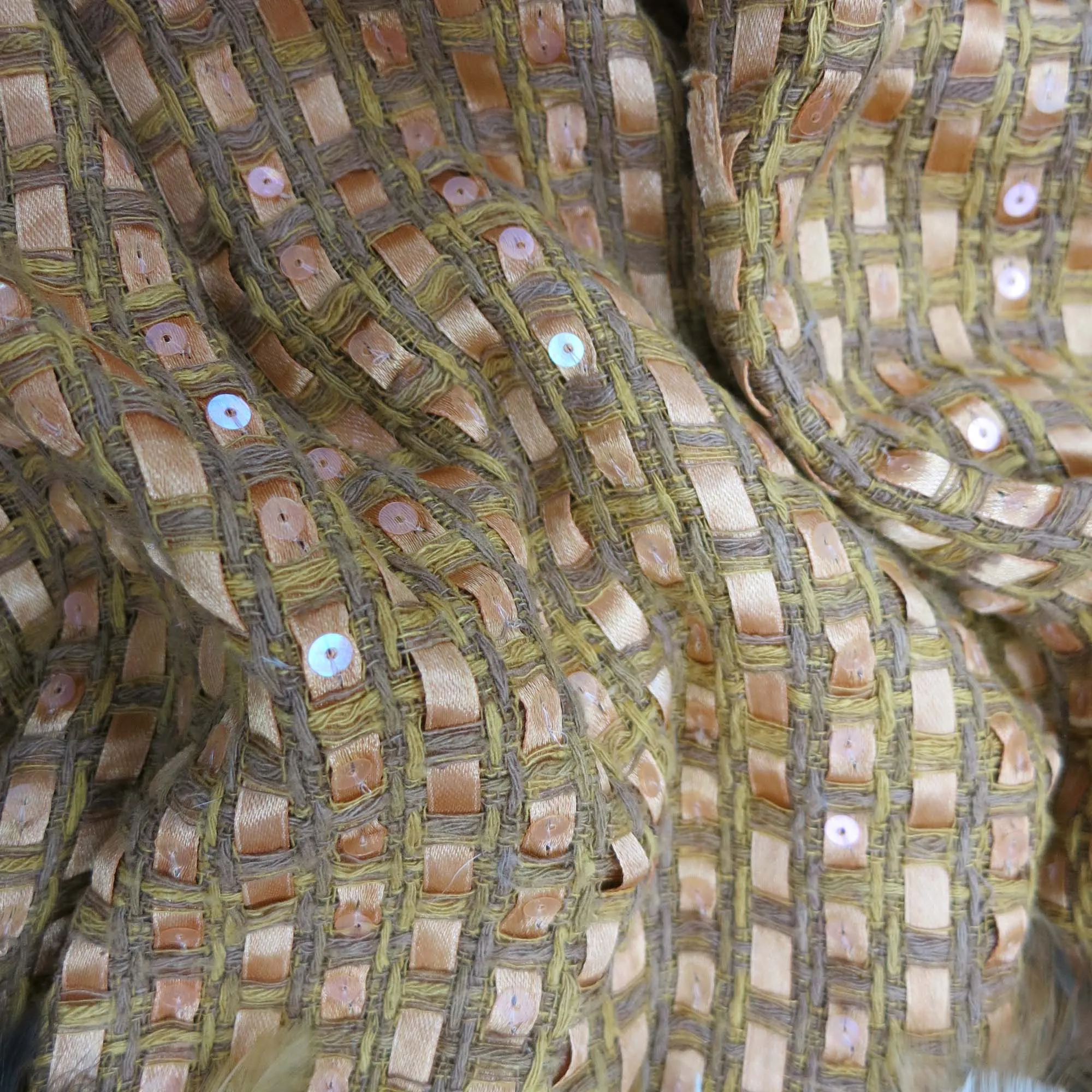 Camel Woven with Feathers and Sequin Embroidered Fabric