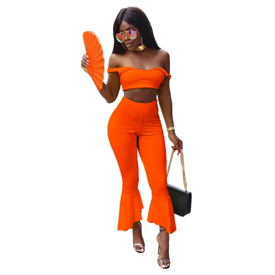 Candy Color Off Shoulder Crop Top with High Waist 7/10 Trumpet Pants Two Pieces Outfit