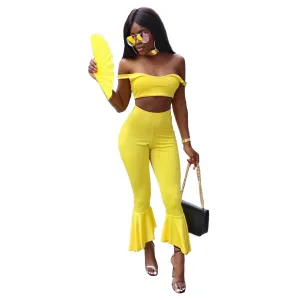 Candy Color Off Shoulder Crop Top with High Waist 7/10 Trumpet Pants Two Pieces Outfit