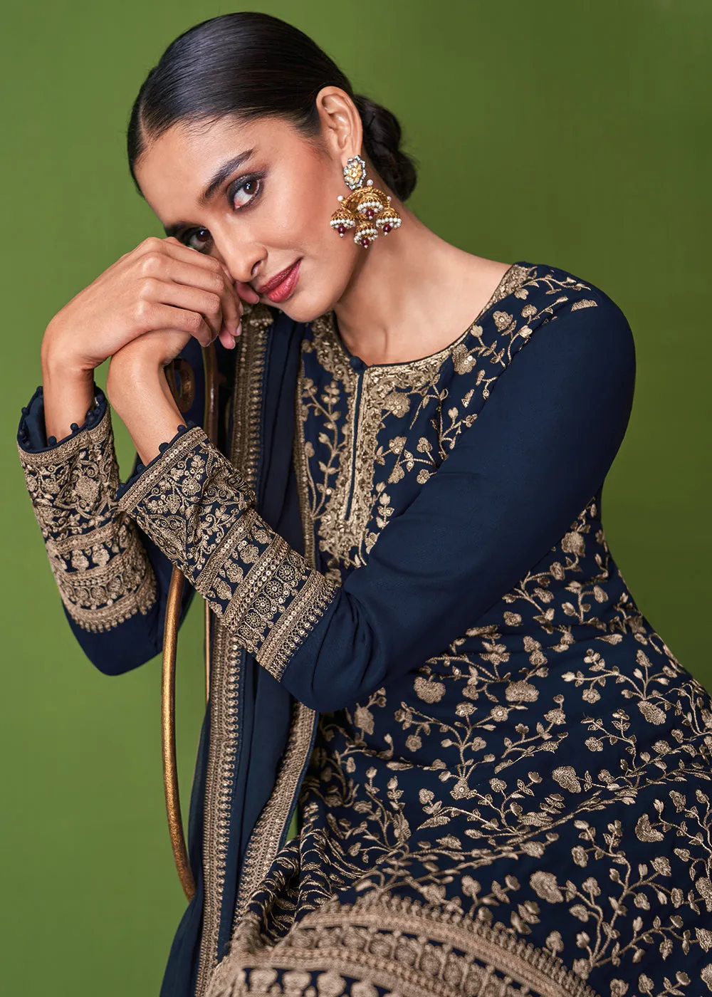 Charming Blue Beautifully Embroidered Festive Palazzo Suit