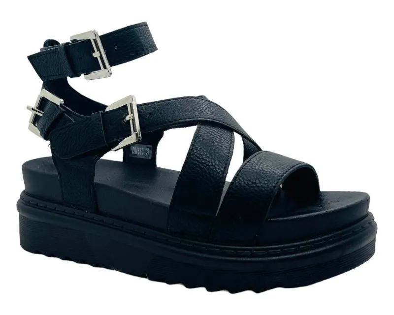 Chunky Sole Faux Leather Double Buckle Gladiator Sandals