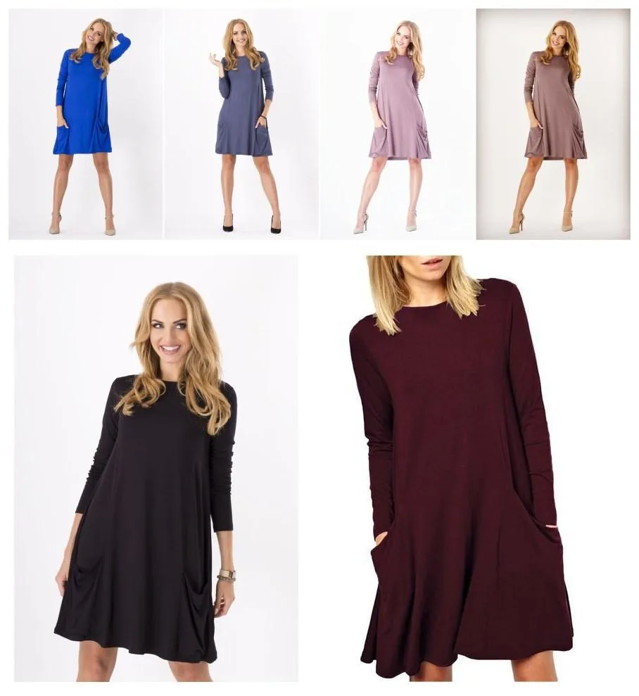 Clearance Fashion Pure Color Scoop Loose Pockets Short Dress