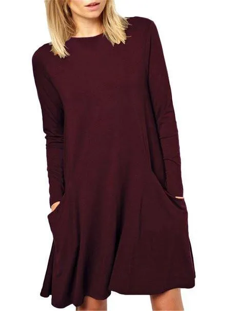 Clearance Fashion Pure Color Scoop Loose Pockets Short Dress