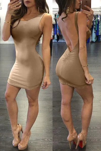 Clearance Pure Color Backless Sheath Bodycon Sleeveless Dress