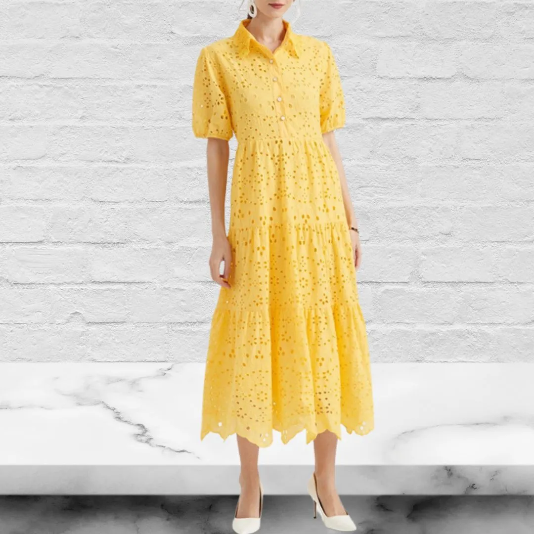 Crochet Collar Embroidered Eyelet Cotton Dress