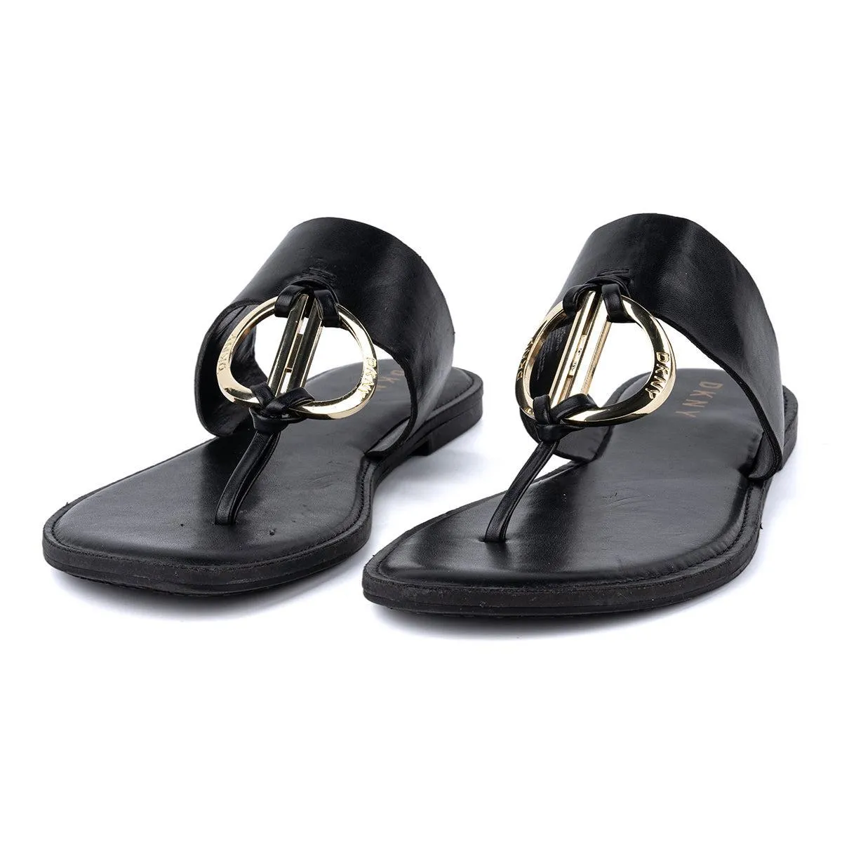 Dkny With Gold Accents Flat Sandals Leather Black Colour For Women