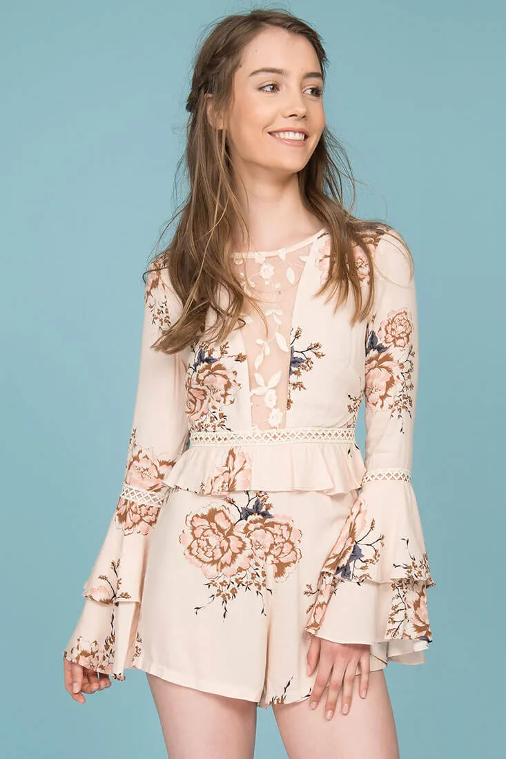 Dorothy Floral Print Romper Beige