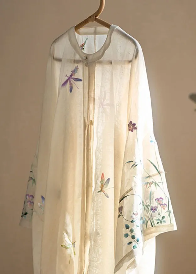 Elegant Apricot O-Neck Embroidered Floral Button Shirt Fall QB016