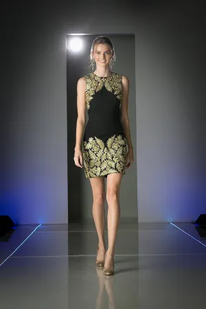 Embroidered High Neck Sleevess Cocktail Dress
