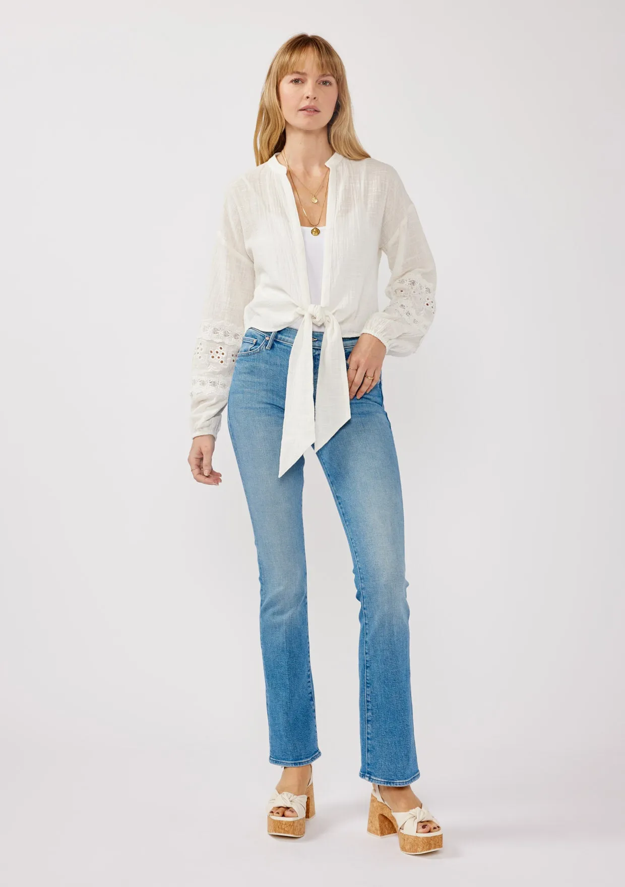 Embroidered Open-Front Tie Long Sleeve Blouse