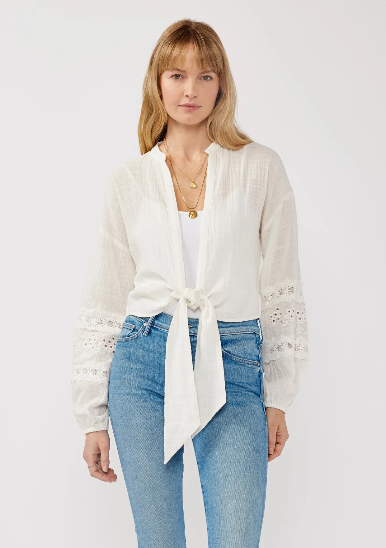Embroidered Open-Front Tie Long Sleeve Blouse