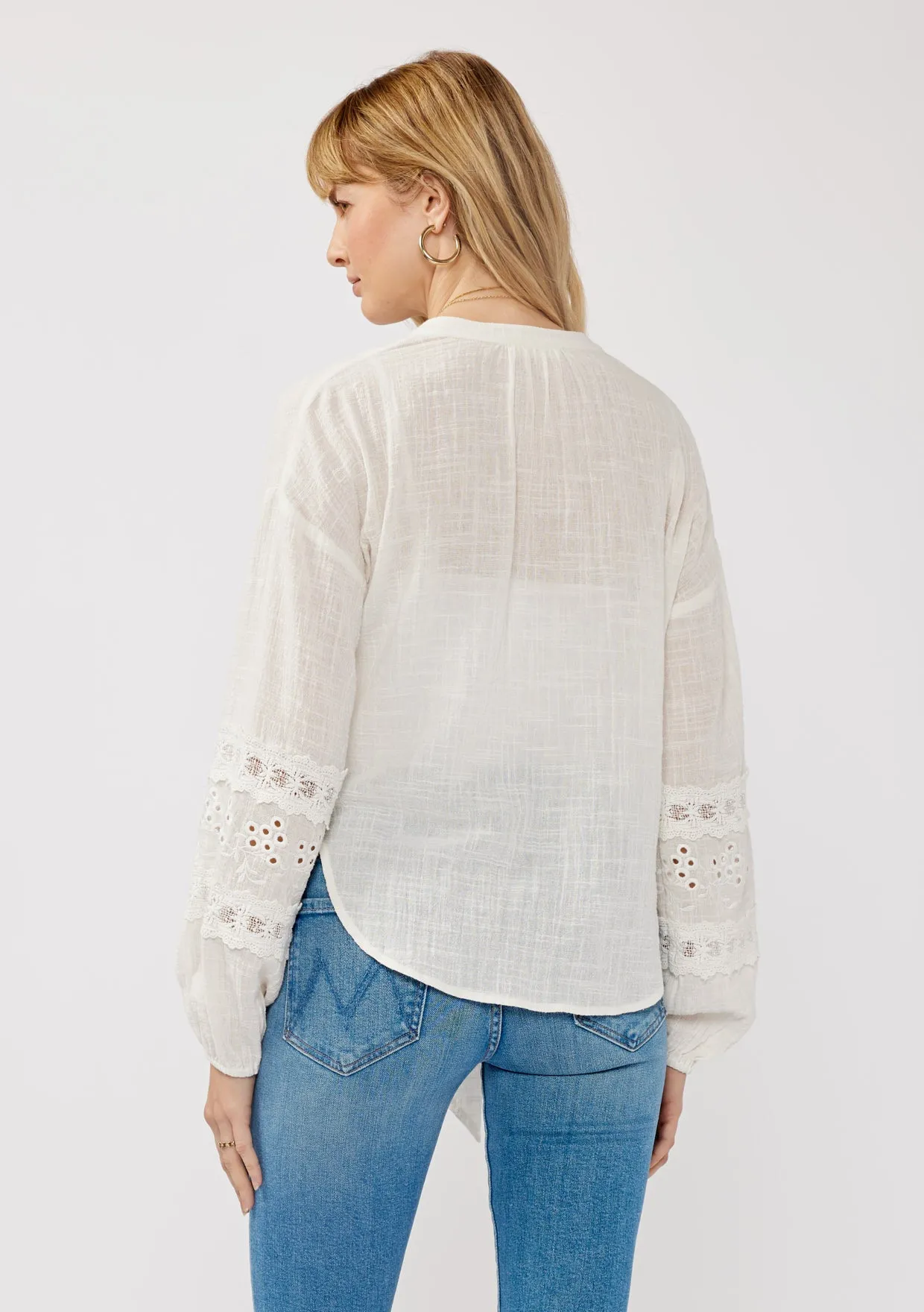 Embroidered Open-Front Tie Long Sleeve Blouse