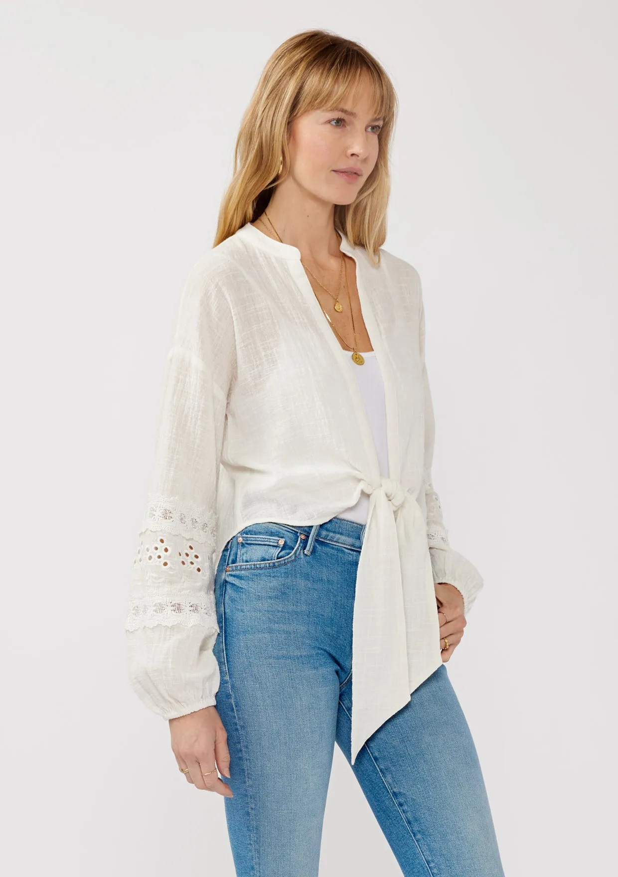 Embroidered Open-Front Tie Long Sleeve Blouse