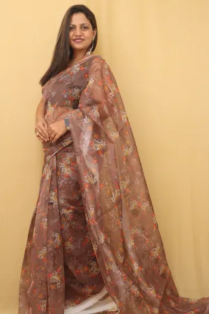 Floral Bliss: Brown Organza Silk Saree with Digital Print