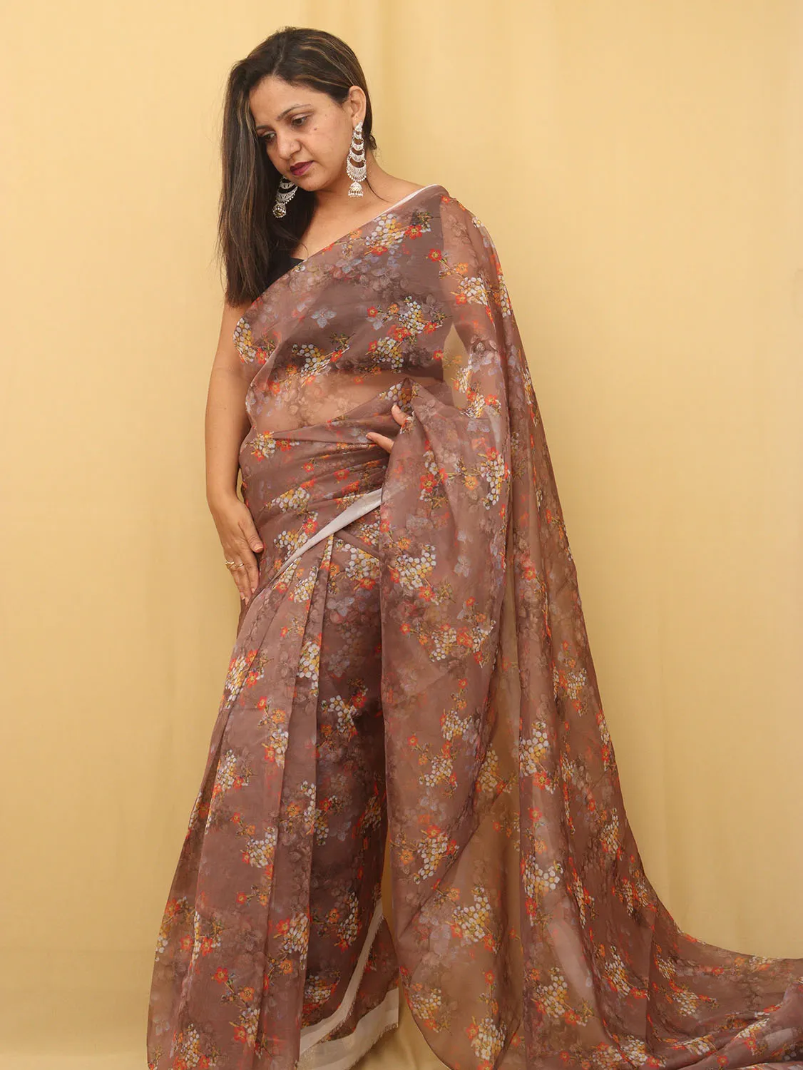 Floral Bliss: Brown Organza Silk Saree with Digital Print
