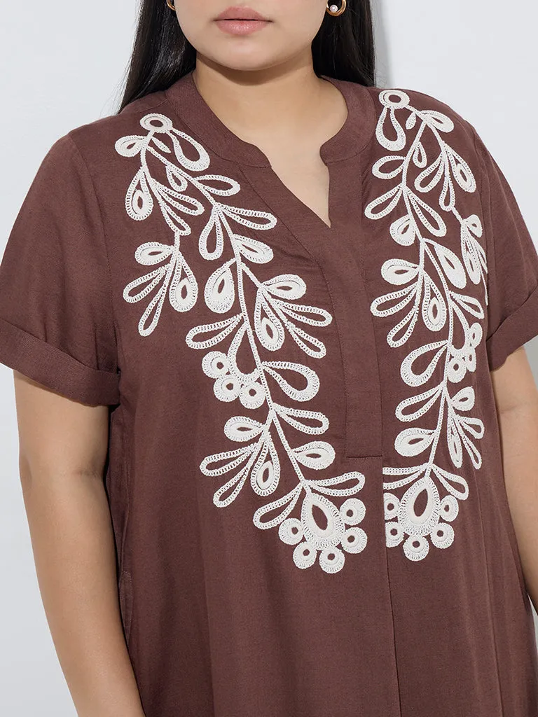 Gia Brown Floral Embroidered Cotton-Blend Straight Dress