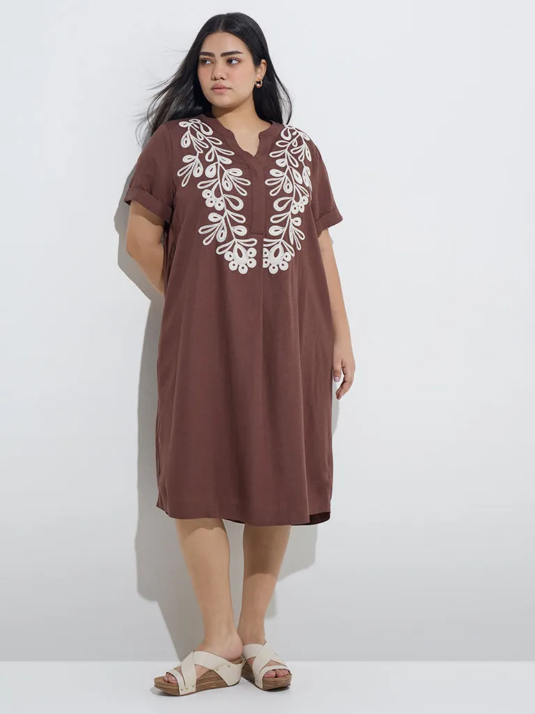 Gia Brown Floral Embroidered Cotton-Blend Straight Dress