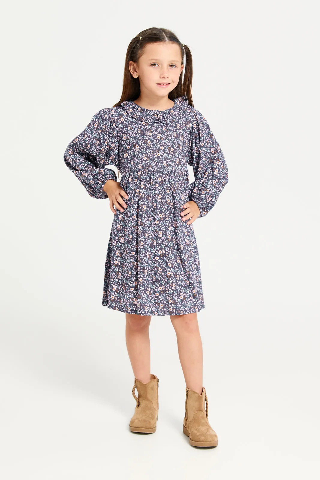 Girls Purple Printed Dress