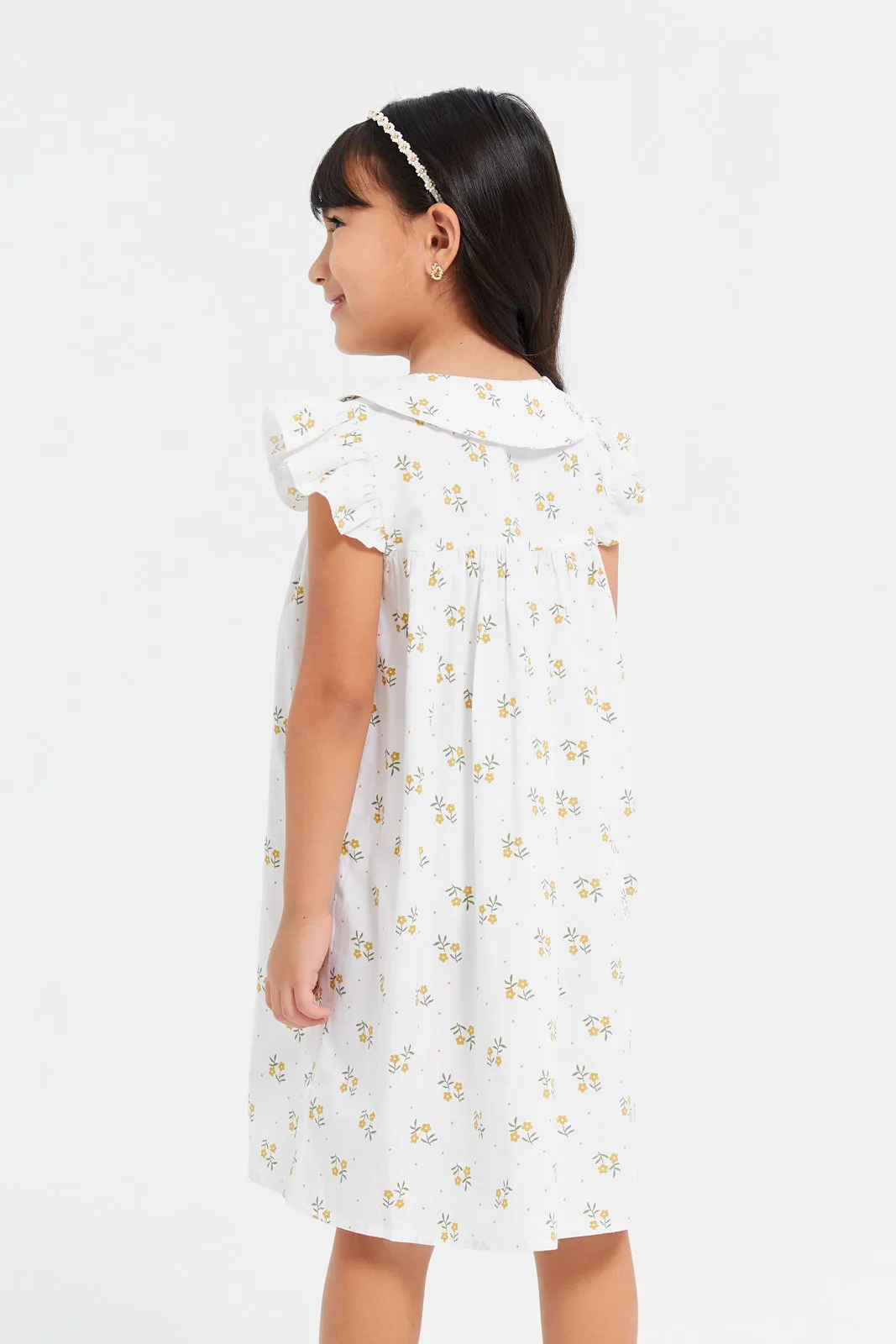 Girls White Peter Pan Printed Shirt Dress