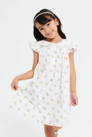 Girls White Peter Pan Printed Shirt Dress