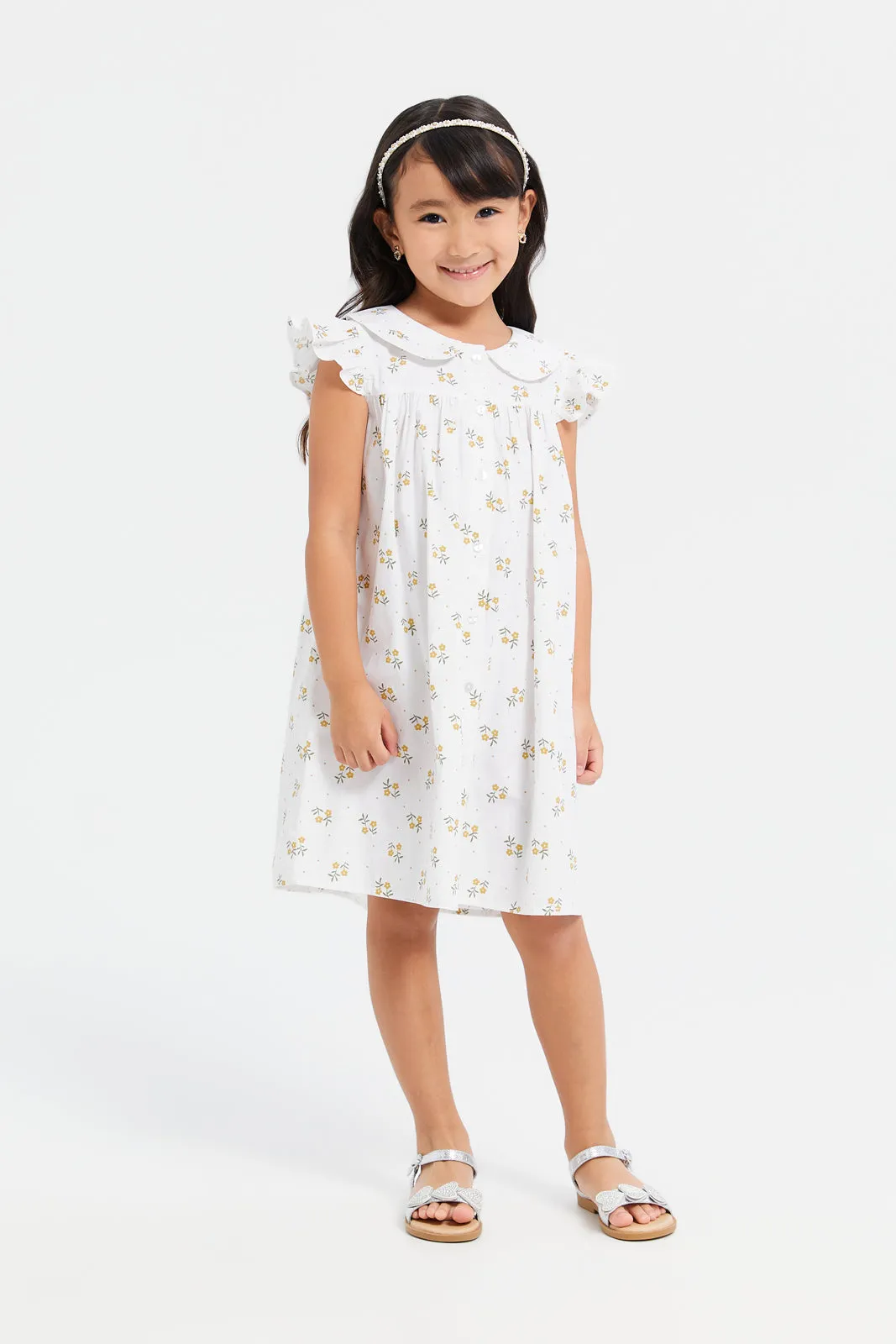 Girls White Peter Pan Printed Shirt Dress